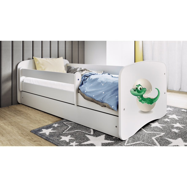 Babydreams juniorseng med lille dino, m. madras, sengehest og skuffe - hvid laminat (160x80)
