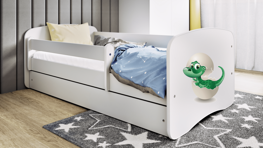 Babydreams juniorsng med liten dinosaurie, med madrass, stdbrda och lda - vit laminat (160x80)