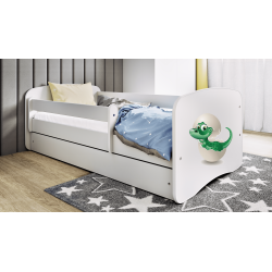 Babydreams juniorseng med lille dino, m. madras, sengehest og skuffe - hvid laminat (180x80)