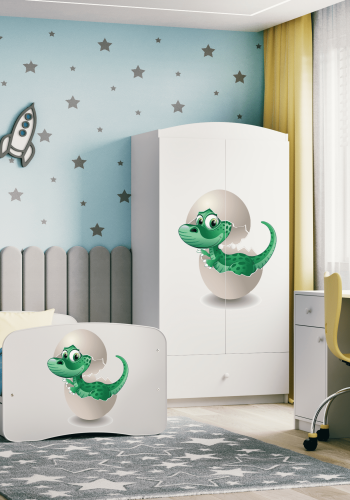 Babydreams juniorsng med liten dinosaurie, med madrass, stdbrda och lda - vit laminat (160x80)