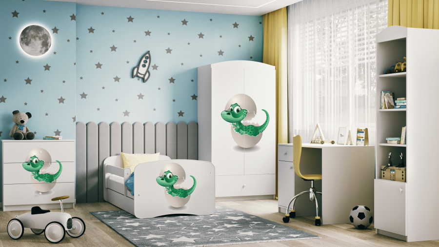 Babydreams juniorsng med liten dinosaurie, med madrass, stdbrda och lda - vit laminat (160x80)