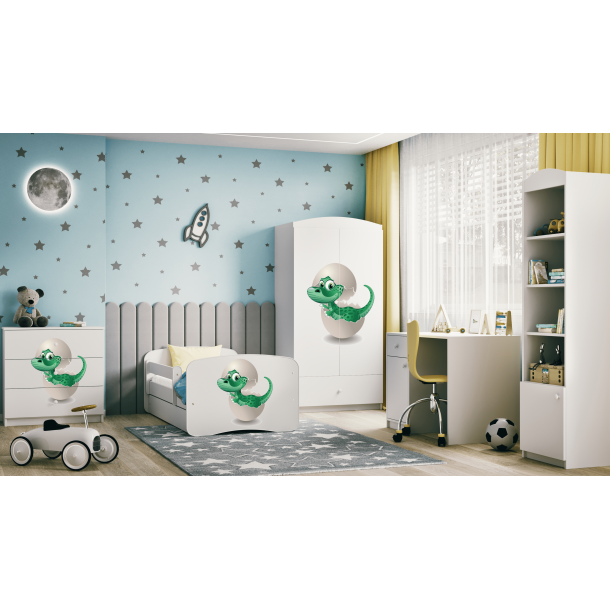 Babydreams juniorseng med lille dino, m. madras, sengehest og skuffe - hvid laminat (180x80)