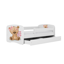 Babydreams juniorseng med bamse og blomster, m. madras, sengehest og skuffe - hvid laminat (160x80)