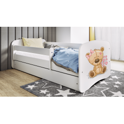 Babydreams juniorseng med bamse og blomster, m. madras, sengehest og skuffe - hvid laminat (180x80)