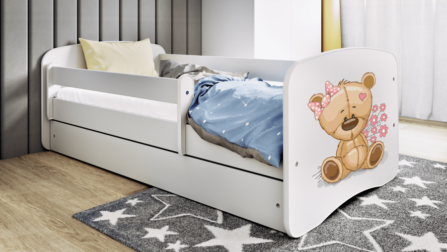 Babydreams juniorseng med bamse og blomster, m. madras, sengehest og skuffe - hvid laminat (180x80)