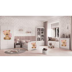 Babydreams juniorseng med bamse og blomster, m. madras, sengehest og skuffe - hvid laminat (180x80)