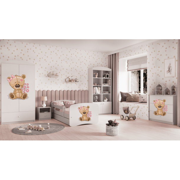 Babydreams juniorseng med bamse og blomster, m. madras, sengehest og skuffe - hvid laminat (140x70)