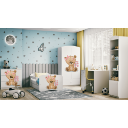 Babydreams juniorseng med bamse og blomster, m. madras, sengehest og skuffe - hvid laminat (180x80)