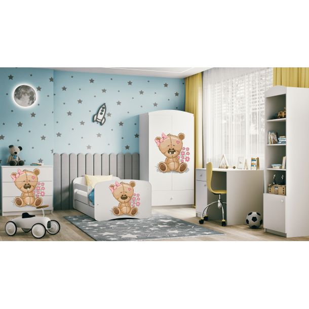 Babydreams juniorseng med bamse og blomster, m. madras, sengehest og skuffe - hvid laminat (180x80)