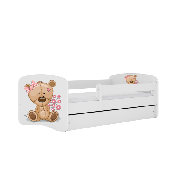 Babydreams juniorseng med bamse og blomster, m. madras, sengehest og skuffe - hvid laminat (140x70)