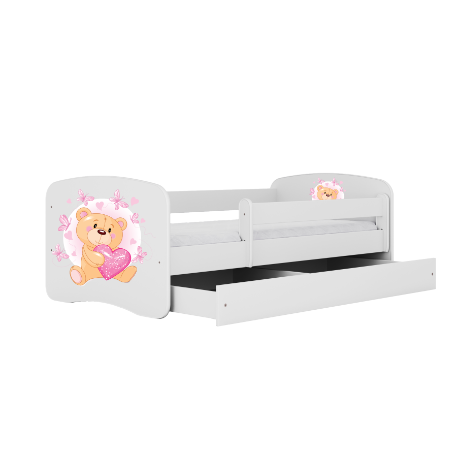 Babydreams juniorseng med bamse og sommerfugle, m. madras, sengehest, skuffe - hvid laminat (180x80)