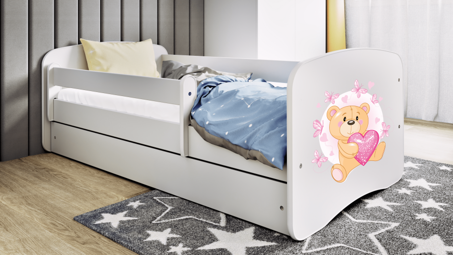 Babydreams juniorseng med bamse og sommerfugle, m. madras, sengehest, skuffe - hvid laminat (140x70)