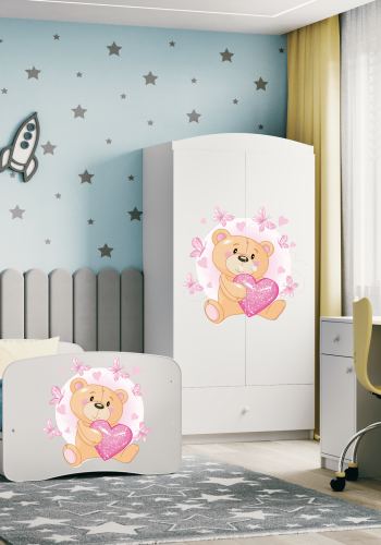 Babydreams juniorseng med bamse og sommerfugle, m. madras, sengehest, skuffe - hvid laminat (160x80)