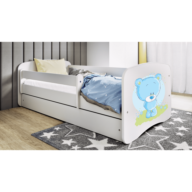 Babydreams juniorseng med bl bamse, m. madras, sengehest, skuffe - hvid laminat (160x80)