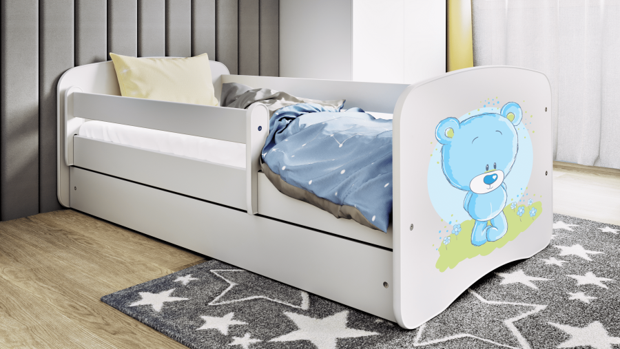 Babydreams juniorseng med bl bamse, m. madras, sengehest, skuffe - hvid laminat (180x80)