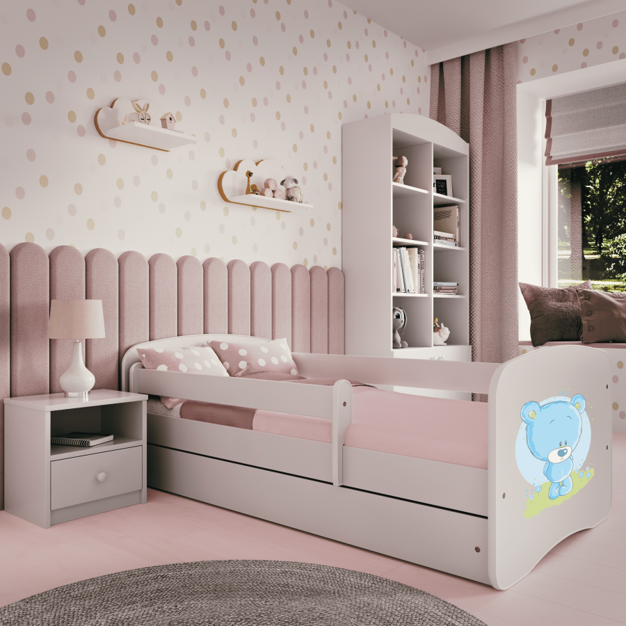Babydreams juniorseng med bl bamse, med madrass, sengehest, skuff - hvit laminat (160x80)