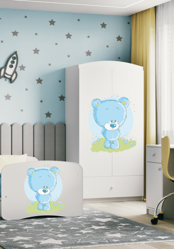 Babydreams juniorseng med bl bamse, med madrass, sengehest, skuff - hvit laminat (160x80)