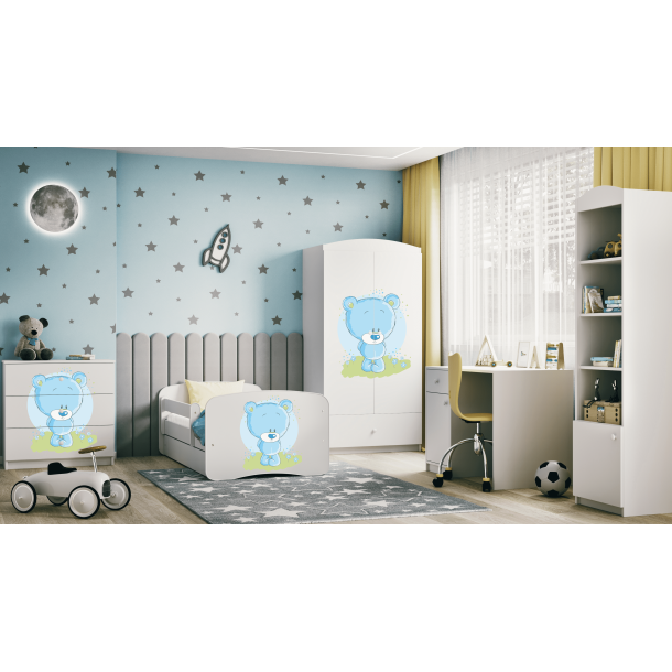 Babydreams juniorseng med bl bamse, m. madras, sengehest, skuffe - hvid laminat (160x80)