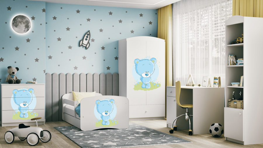 Babydreams juniorseng med bl bamse, m. madras, sengehest, skuffe - hvid laminat (180x80)