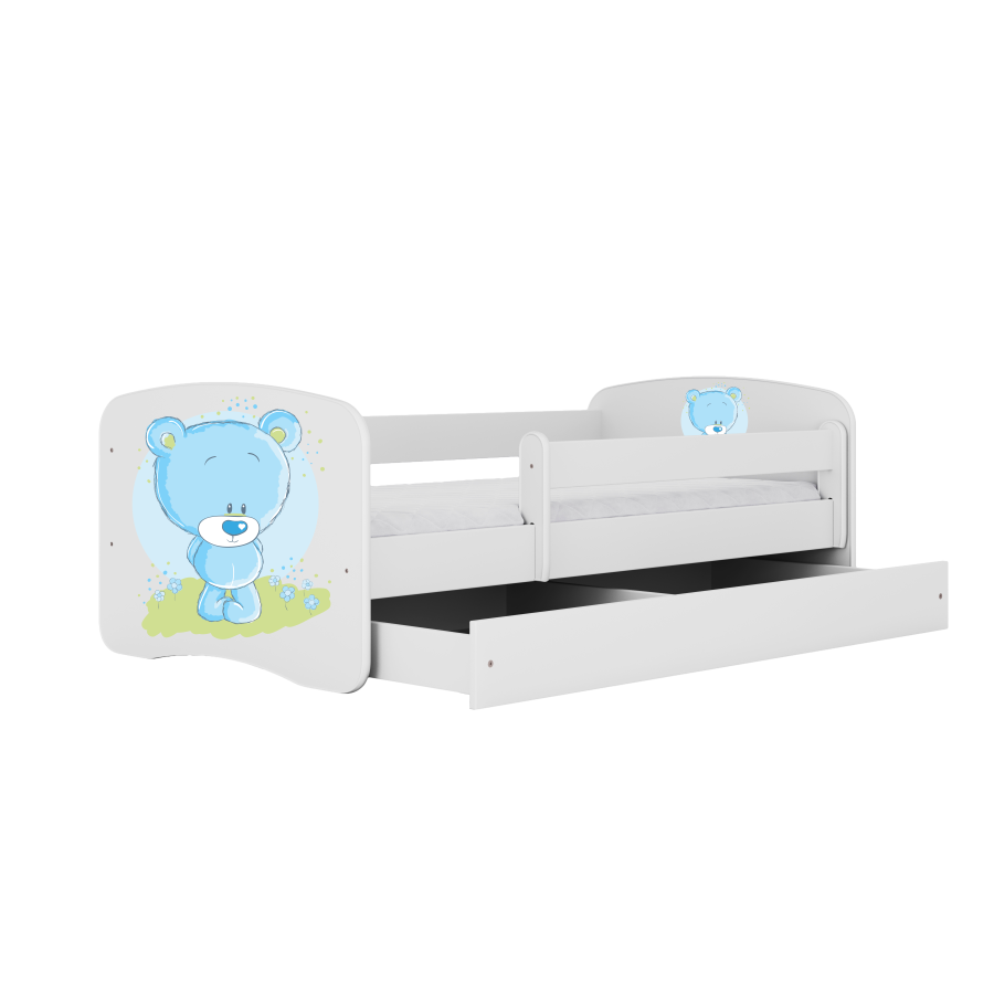 Babydreams juniorseng med bl bamse, m. madras, sengehest, skuffe - hvid laminat (140x70)