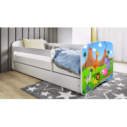 Babydreams juniorseng med safari dyr, m. madras, sengehest, skuffe - hvid laminat (160x80)