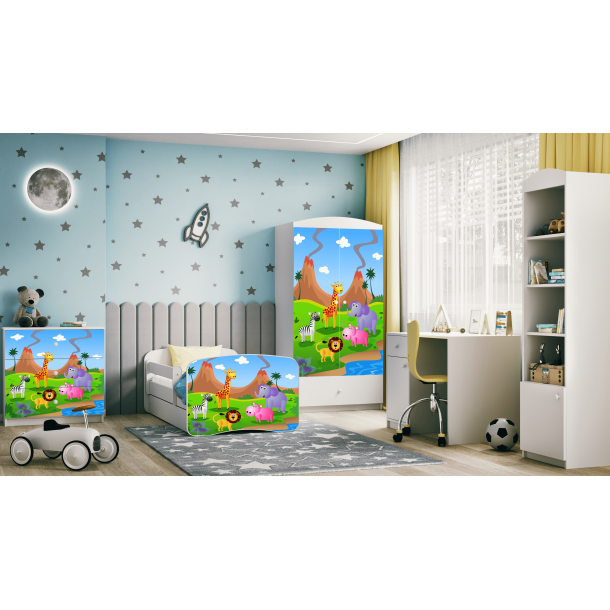 Babydreams juniorseng med safari dyr, m. madras, sengehest, skuffe - hvid laminat (160x80)