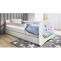 Babydreams juniorseng med elefant, m. madras, sengehest, skuffe - hvid laminat (140x70)