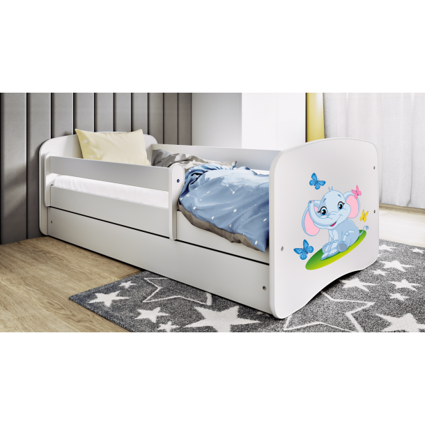 Babydreams juniorseng med elefant, m. madras, sengehest, skuffe - hvid laminat (140x70)