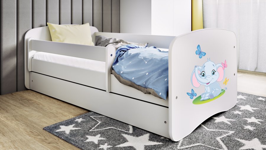 Babydreams weißes Elefantenbett, mit Schublade und mit Matratze 180/80