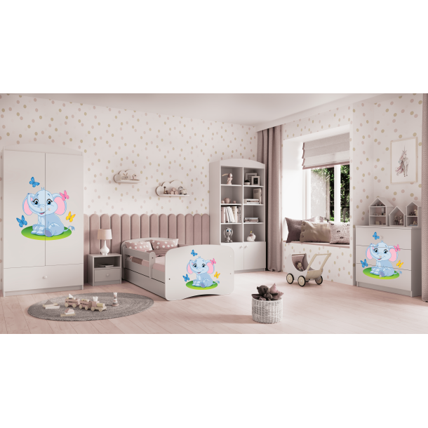 Babydreams juniorseng med elefant, m. madras, sengehest, skuffe - hvid laminat (160x80)
