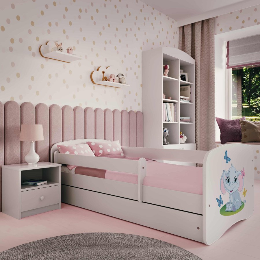 Babydreams weißes Elefantenbett, mit Schublade und mit Matratze 180/80