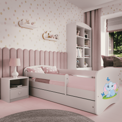 Babydreams juniorseng med elefant, m. madras, sengehest, skuffe - hvid laminat (160x80)