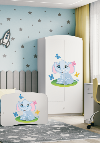Babydreams juniorseng med elefant, m. madras, sengehest, skuffe - hvid laminat (160x80)