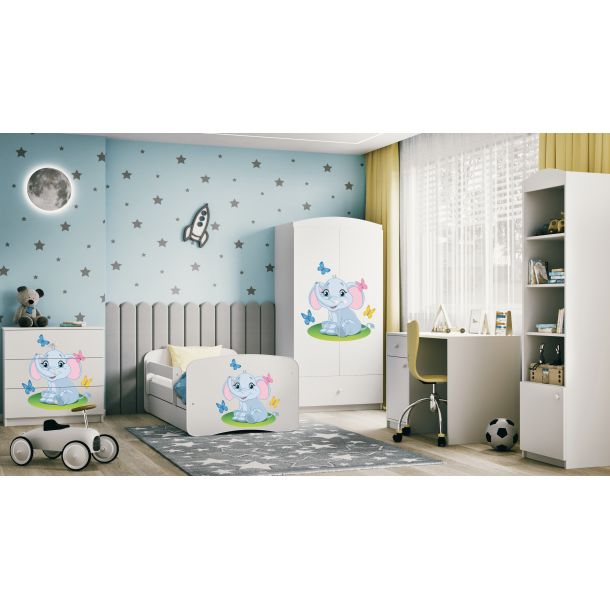 Babydreams juniorseng med elefant, m. madras, sengehest, skuffe - hvid laminat (160x80)