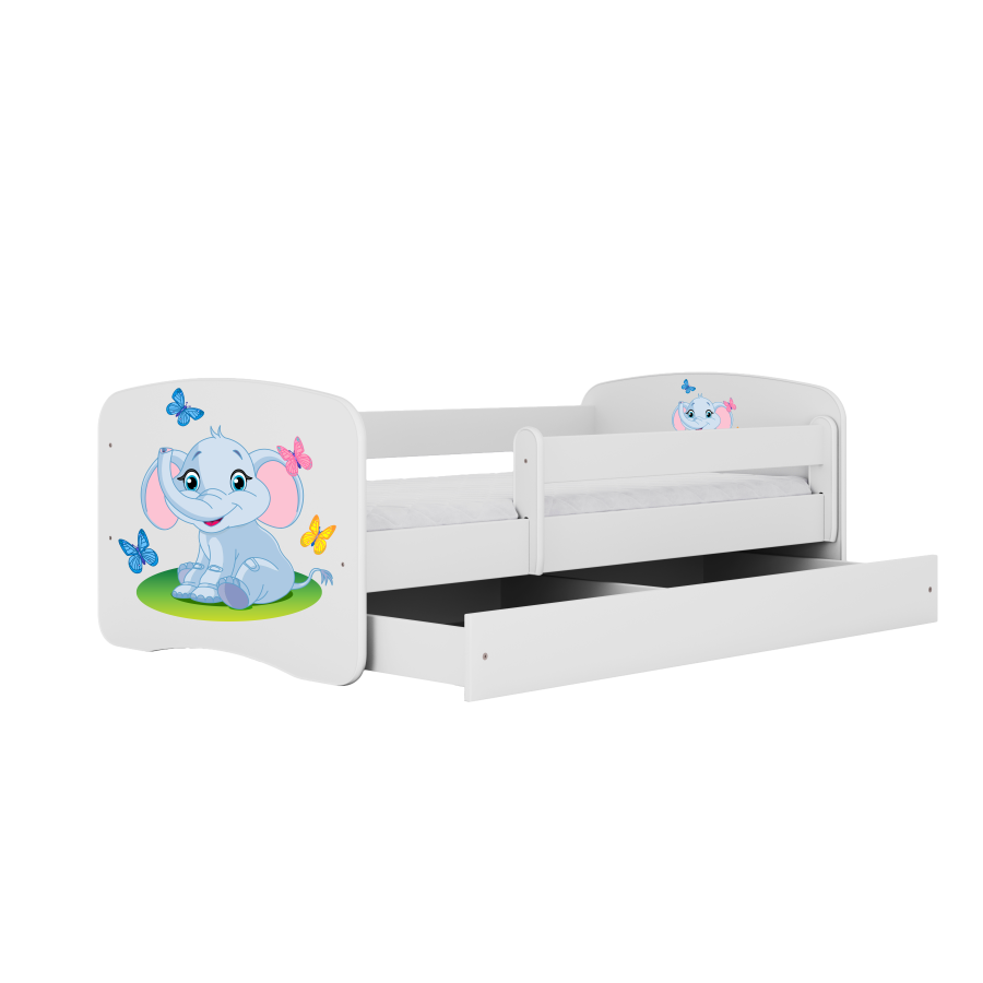 Babydreams juniorseng med elefant, m. madras, sengehest, skuffe - hvid laminat (160x80)