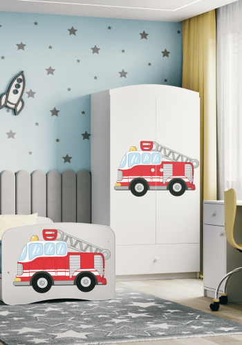 Babydreams juniorseng med brandbil, m. madras, sengehest, skuffe - hvid laminat (180x80)