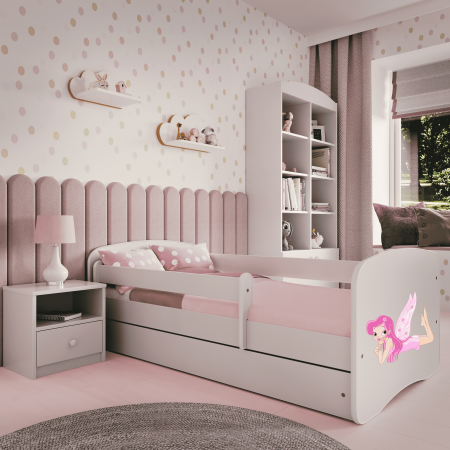 Babydreams juniorseng med fe med vinger, m. madras, sengehest, skuffe - hvid laminat (160x80)
