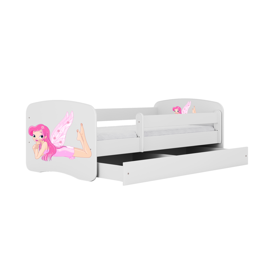 Babydreams juniorseng med fe med vinger, m. madras, sengehest, skuffe - hvid laminat (160x80)