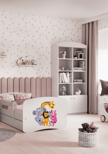Babydreams juniorseng med Zoo-dyr, med madrass, sengehest, skuff - hvit laminat (160x80)