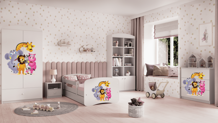 Babydreams juniorseng med Zoo-dyr, med madrass, sengehest, skuff - hvit laminat (160x80)