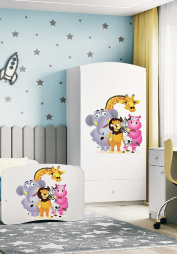 Babydreams juniorseng med Zoo-dyr, med madrass, sengehest, skuff - hvit laminat (160x80)