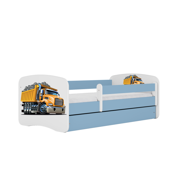 Babydreams juniorseng med lastbil, m. madras, sengehest, skuffe - hvid og bl laminat (180x80)