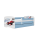 Babydreams juniorseng med racerbil, med madrass, sengehest, skuff - hvit og bl laminat (140x70)