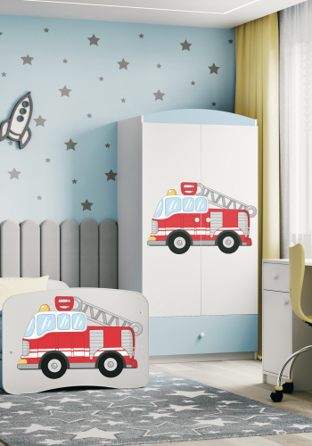 Babydreams juniorseng med brandbil, m. madras, sengehest, skuffe - hvid og bl laminat (180x80)