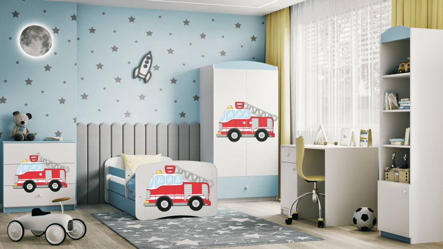 Babydreams juniorseng med brandbil, m. madras, sengehest, skuffe - hvid og bl laminat (180x80)