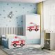 Babydreams juniorseng med brandbil, m. madras, sengehest, skuffe - hvid og bl laminat (140x70)