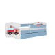 Babydreams juniorseng med brandbil, m. madras, sengehest, skuffe - hvid og bl laminat (180x80)