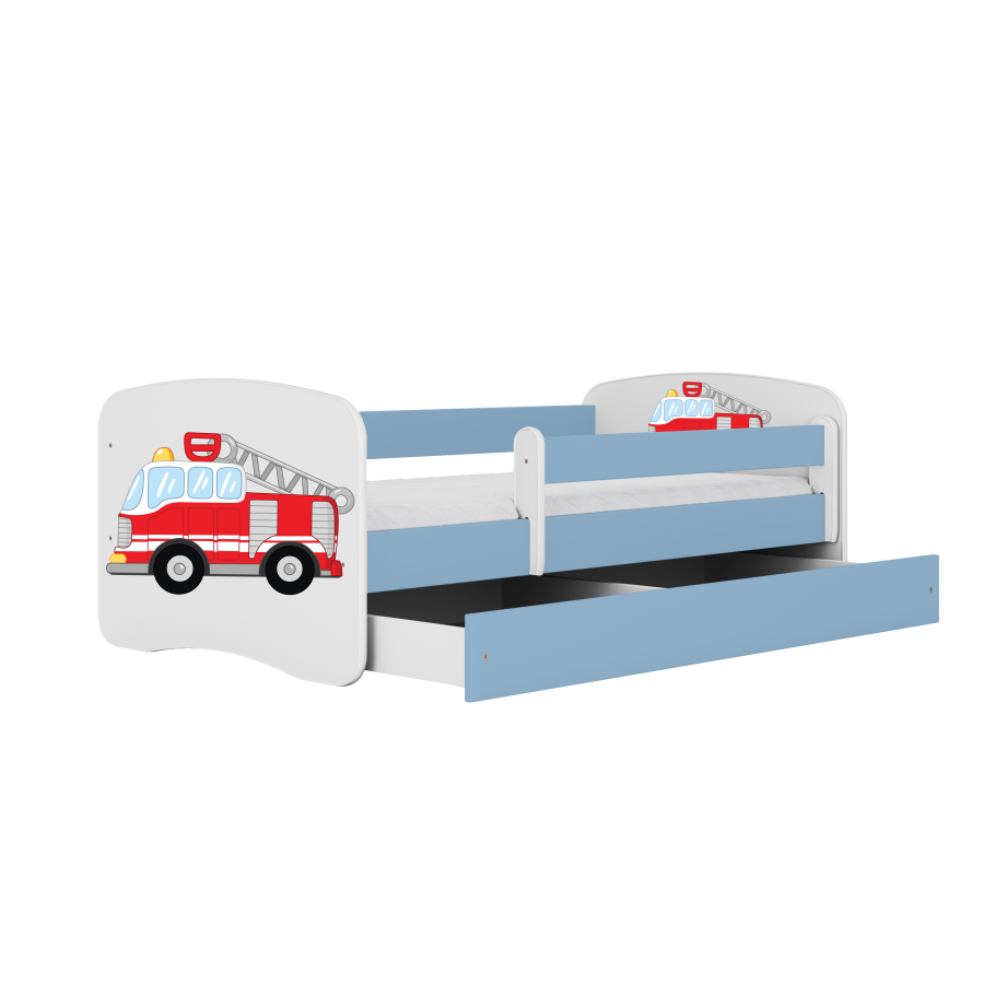 Babydreams juniorseng med brandbil, m. madras, sengehest, skuffe - hvid og bl laminat (160x80)