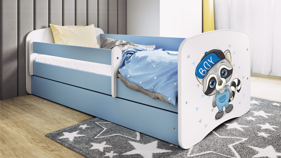 Babydreams juniorsng med tvttbjrn, med madrass, stdbrda och lda - vit och bl laminat (180x80)