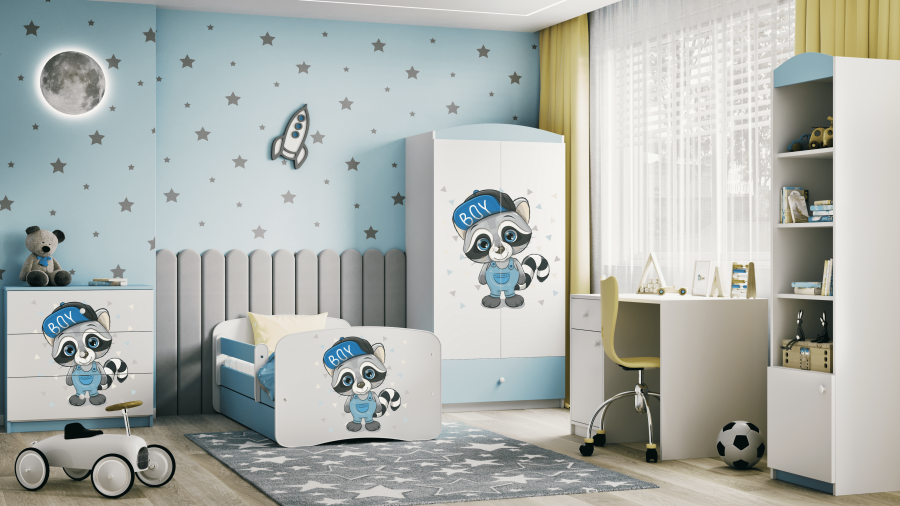 Babydreams juniorsng med tvttbjrn, med madrass, stdbrda och lda - vit och bl laminat (140x70)